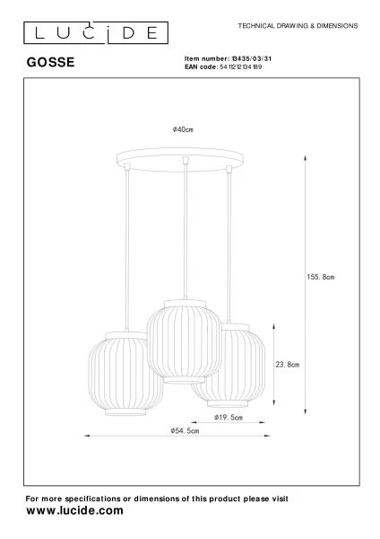 Lucide GOSSE - Pendant light - 3xE27 - White - technical